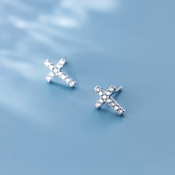 Simple Small Tiny Cross Stud Earrings 0.8 x 1.0cm with Cubic Zirconia - Picture 3 of 7